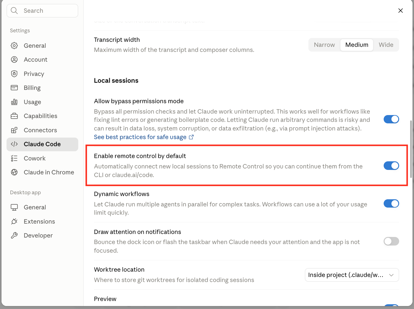 Claude Code settings with the Enable remote control by default toggle turned on