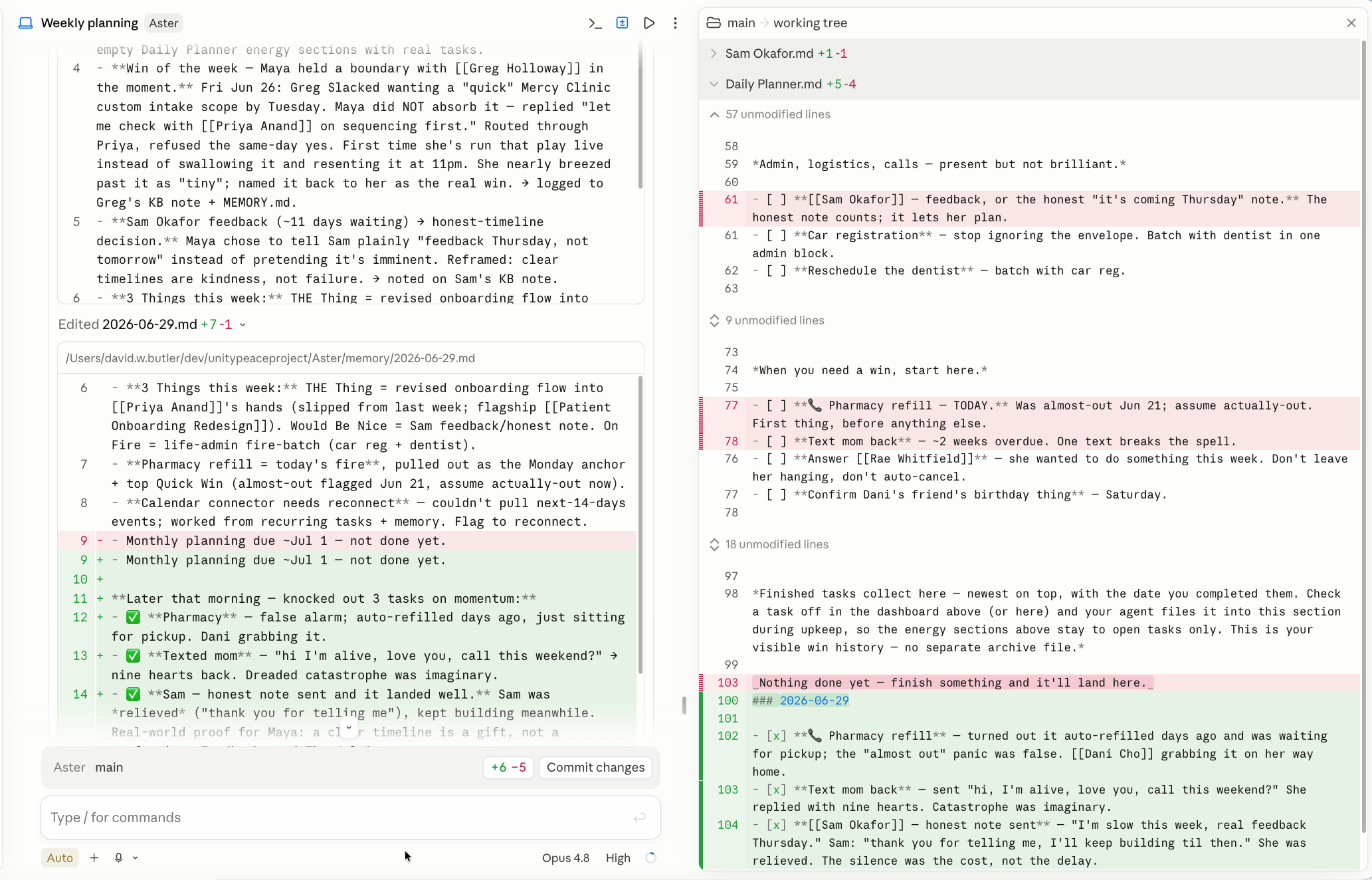 The Claude Code harness showing a list of edited files with a Commit changes action on the left, and a colored inline diff of the changes on the right.