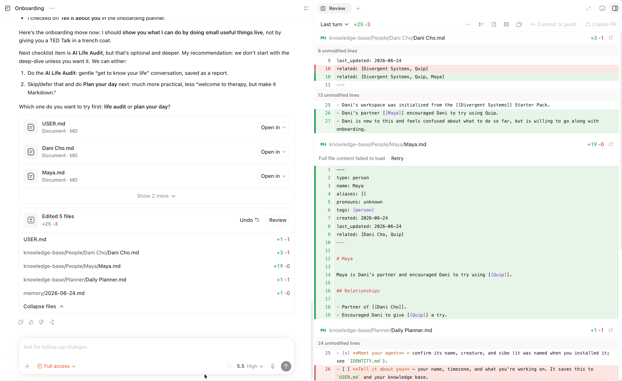 The Codex harness showing a list of edited files with Undo and Review actions on the left, and a colored inline diff in a Review panel on the right.