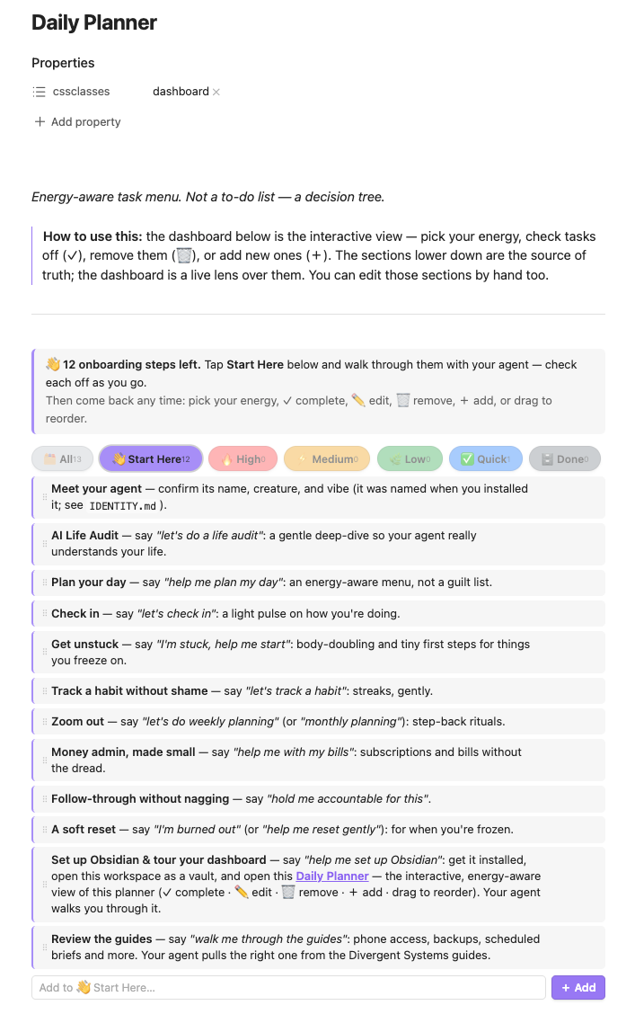 The Daily Planner dashboard open in Obsidian, showing the onboarding checklist and task controls.