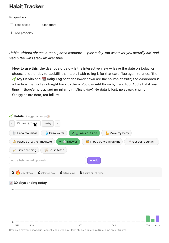 The Habit Tracker dashboard open in Obsidian, showing habit buttons, selected habits, a streak summary, and a 30-day chart.