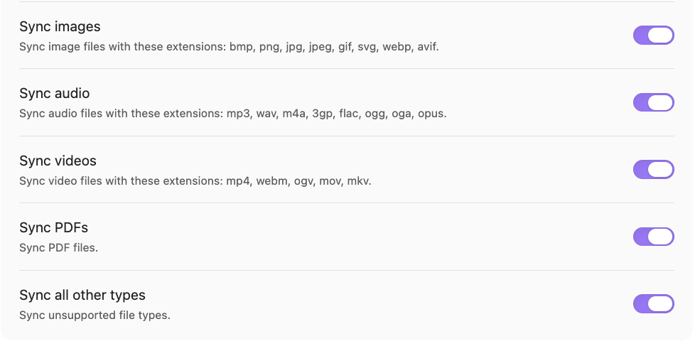 Obsidian Sync settings showing toggles for syncing images, audio, videos, PDFs, and all other file types, each turned on.