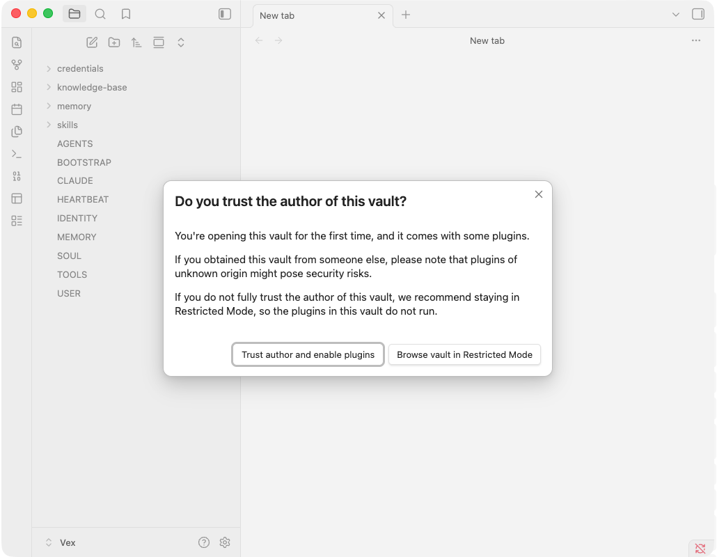Obsidian trust prompt asking whether to trust the author of this vault, with a Trust author and enable plugins button.